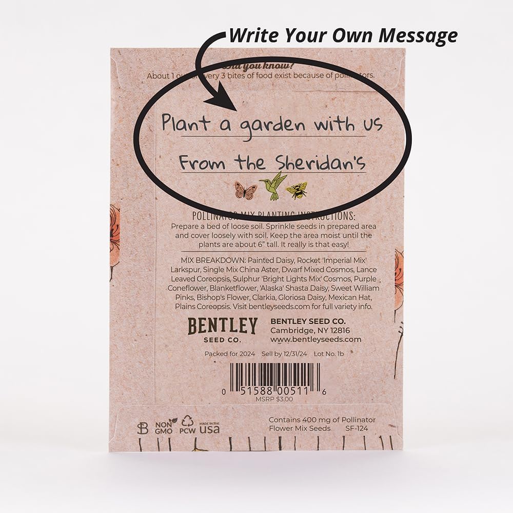 Bentley Pollinator Mix - Pre-Filled, Non-GMO, Non-Coated Butterfly Packets - 25 Annual Wildflower Seeds - Perfect