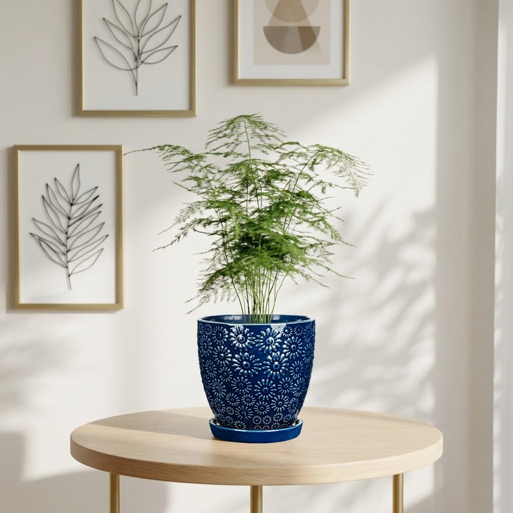 Hollyone 6 Inch Blue Ceramic Planter Flower Plant Pot with Drainage Hole and Saucer for Plants Embossed Indoor Outdoor