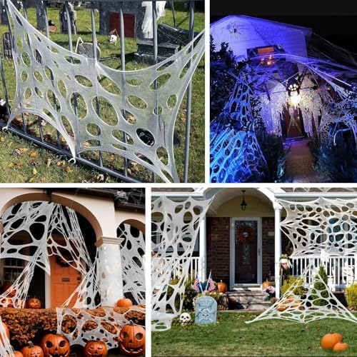 1600 Sqft （After Streched with Holes） Uncut Giant Spider Web Halloween Decorations Outdoor with 10 Ground Nails Stretchy Beef Cloth Netting Cut-Your-Own Flexible Elastic for Yard Party Decor