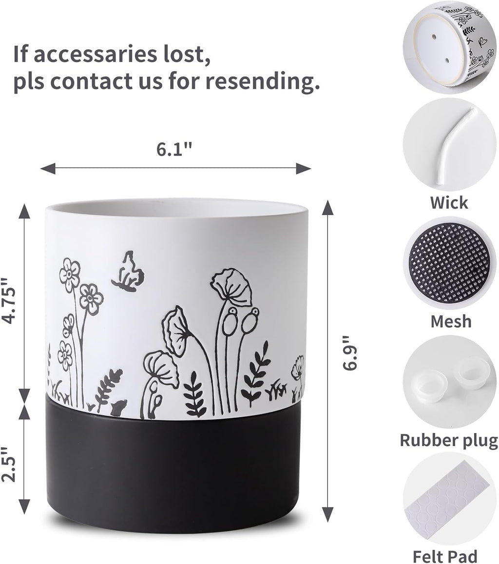 Nihow Self Watering Pots for Indoor Plants,6 Inch,White,Hand Painting | Ceramic Planter, Drainage Hole & Water Storage
