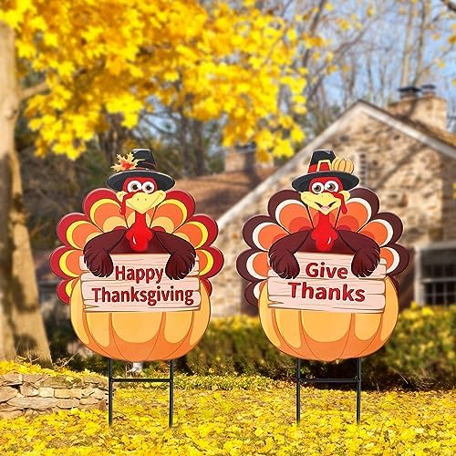 Whaline 2 Pack Fall Thanksgiving Metal Decorative Garden Stake Turkey Pumpkin Welcome Harvest Yard Sign Waterproof for Home Garden Yard Lawn Patio Backyard Walkway Decorations