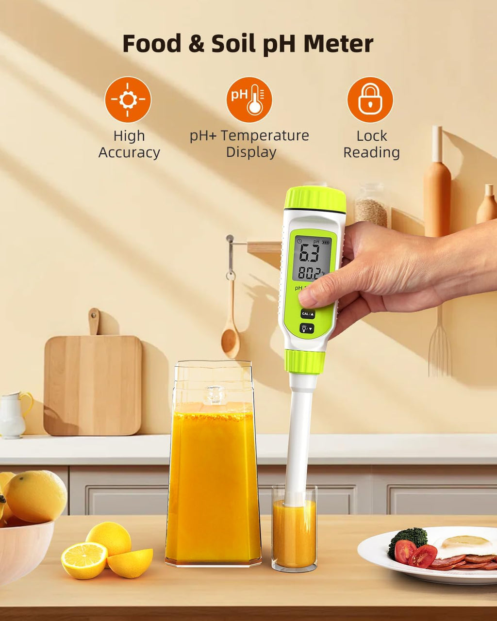 Tadeto Multifunctional Digital pH Meter for Food, High Precision Garden Soil pH Test Kit with LCD ℃/℉ Display for