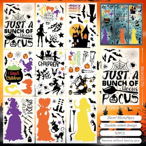 92Pcs Halloween Window Clings - Hocus Pocus Window Clings,I Smell Children Witch Clings for Glass Windows,Reusable Double Sided Static Window Stickers for Halloween Decorations(9 Sheets)