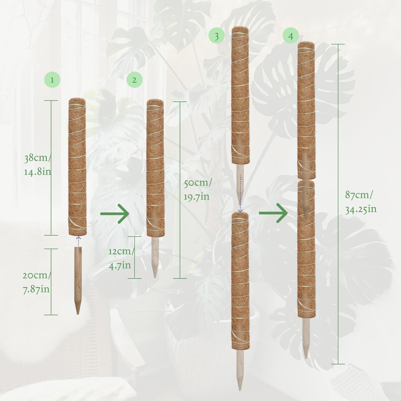 Moss Pole for Plants 4 Pack Natural Coco Coir Climbing Support Stakes with Plant Ties Indoor Monstera Plant Training