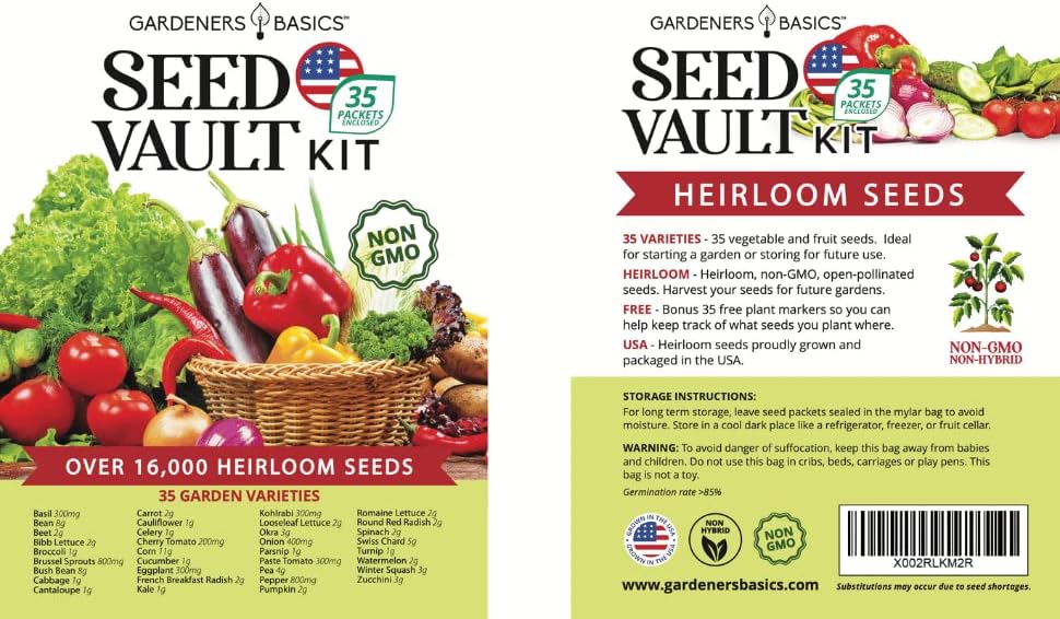 Gardeners Basics Survival Seed Vault Kit, Vegetable Seeds for Planting | 35 heirloom, non-GMO, non-hybrid
