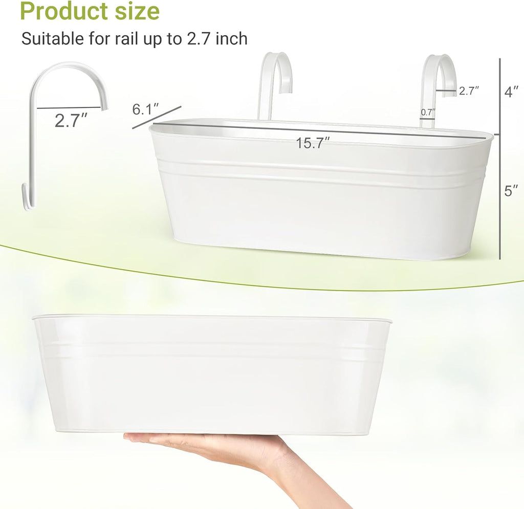 Dahey 15 Inches Railing Planter Box 4 Pcs Metal Hanging Flower Pots, White | 2.7" Width Detachable Hooks, Outdoor