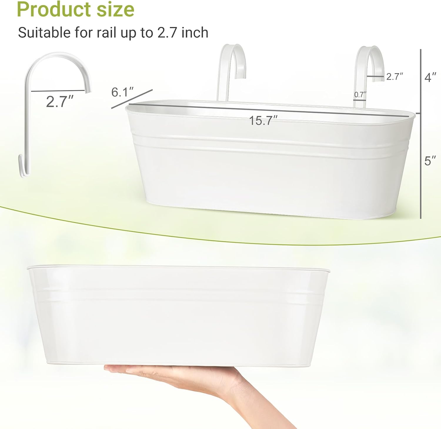 Dahey 15 Inches Railing Planter Box 4 Pcs Metal Hanging Flower Pots, White | 2.7" Width Detachable Hooks, Outdoor