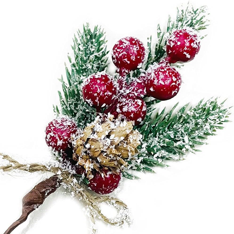 Christmas Berries Red Stems Evergreen Pine Branches 8pcs Christmas Picks Spray Artificial Pine Cones Holly Stem Craft Winter Holiday Floral Picks for Decoration DIY Xmas Garland Wreath Ornaments