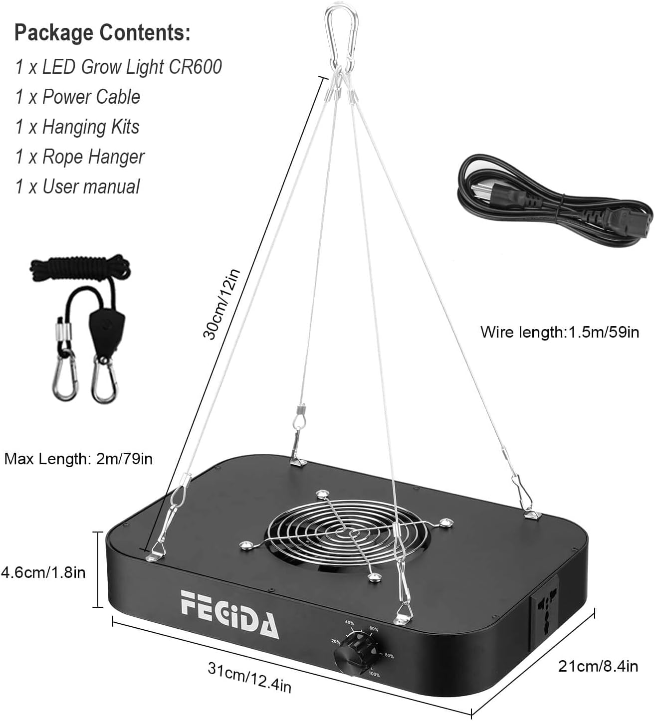 FECiDA 600W Equivalent Grow Light, 65W True Power, 0–100% Dimmable | Full Spectrum LED Grow Lights for Indoor Plants