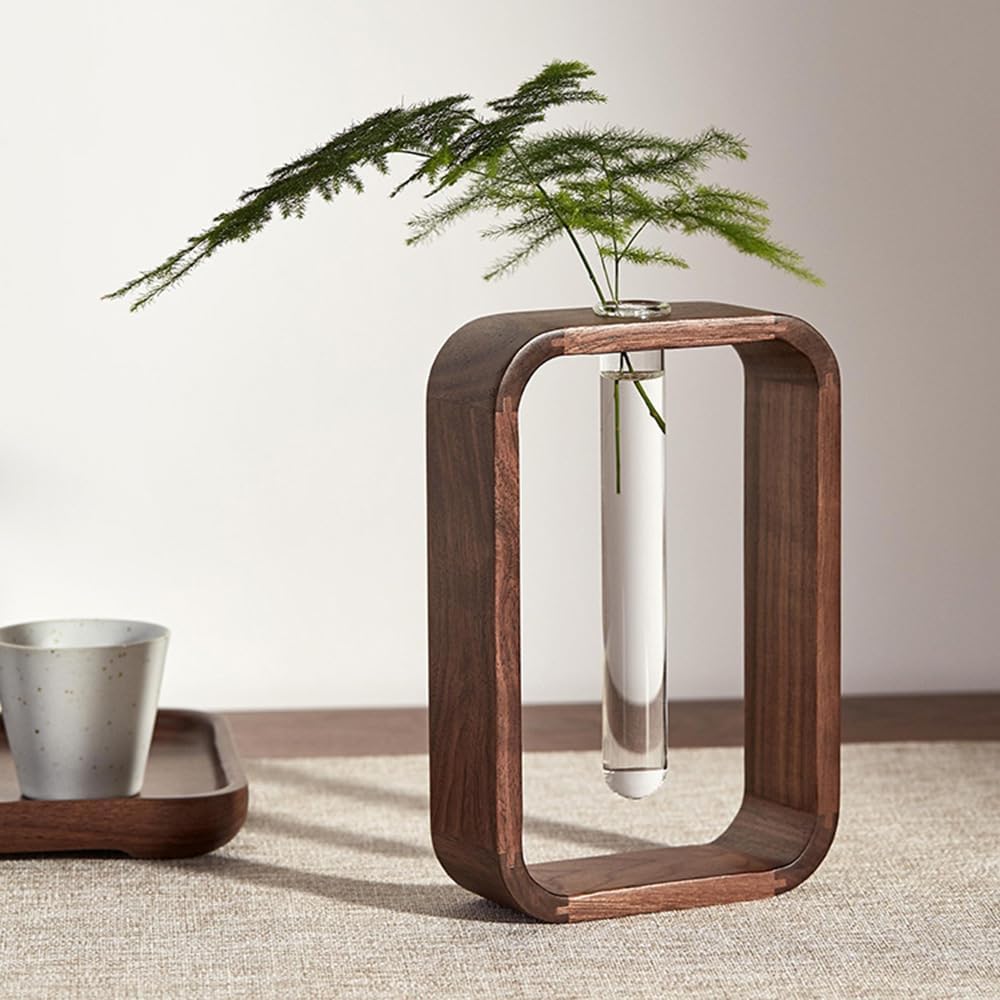 Modern Wooden Frame Glass Vase Hydroponic Planter – Minimalist Square Propagation Station with Test Tube Vase – Indoor