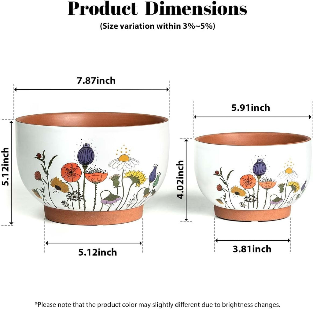 Terracotta Pots, 8+6 Inch Plant Pots, 2 Pcs with Drainage Holes | White & terracotta ceramic planters with botanical