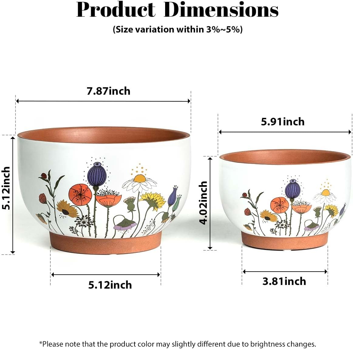 Terracotta Pots, 8+6 Inch Plant Pots, 2 Pcs with Drainage Holes | White & terracotta ceramic planters with botanical