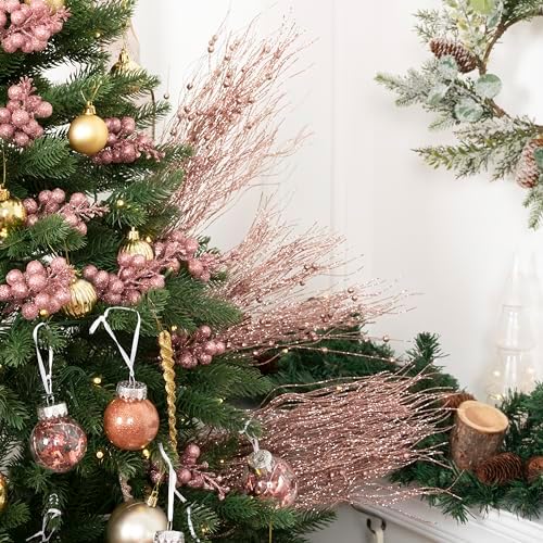SLK 16-Pack Artificial Glitter Berry Stem Ornaments, Christmas Decorative Glittery Twigs, Picks, Branches for Tree, Wreath, Small Vase, Halloween Party (Rose Gold)