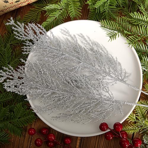 Alpurple 25 Pcs Christmas Silver Artificial Pine Branches- 13.5" Glitter Fake Foliage Pine Stems Picks- Silver Leaves Artificial Pine Needles for DIY Christmas Wreath Home Decoration