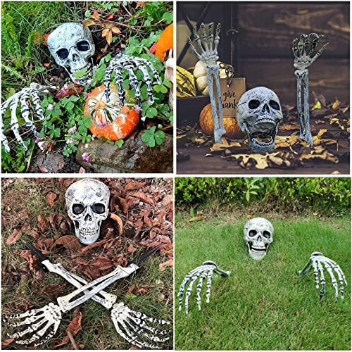Halloween Skeleton Stakes Decorations, Realistic Skeleton Halloween Decor, Hallo-ween Ske-leton Head and Arms with a Stake for Halloween Yard Scary Skeleton Decor 5pcs