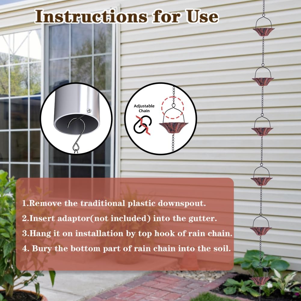 10FT Lotus Rain Chain, Rain Chains for Gutters with 12 Cups | Adjustable Rain Catcher Chain with Bell for Eaves