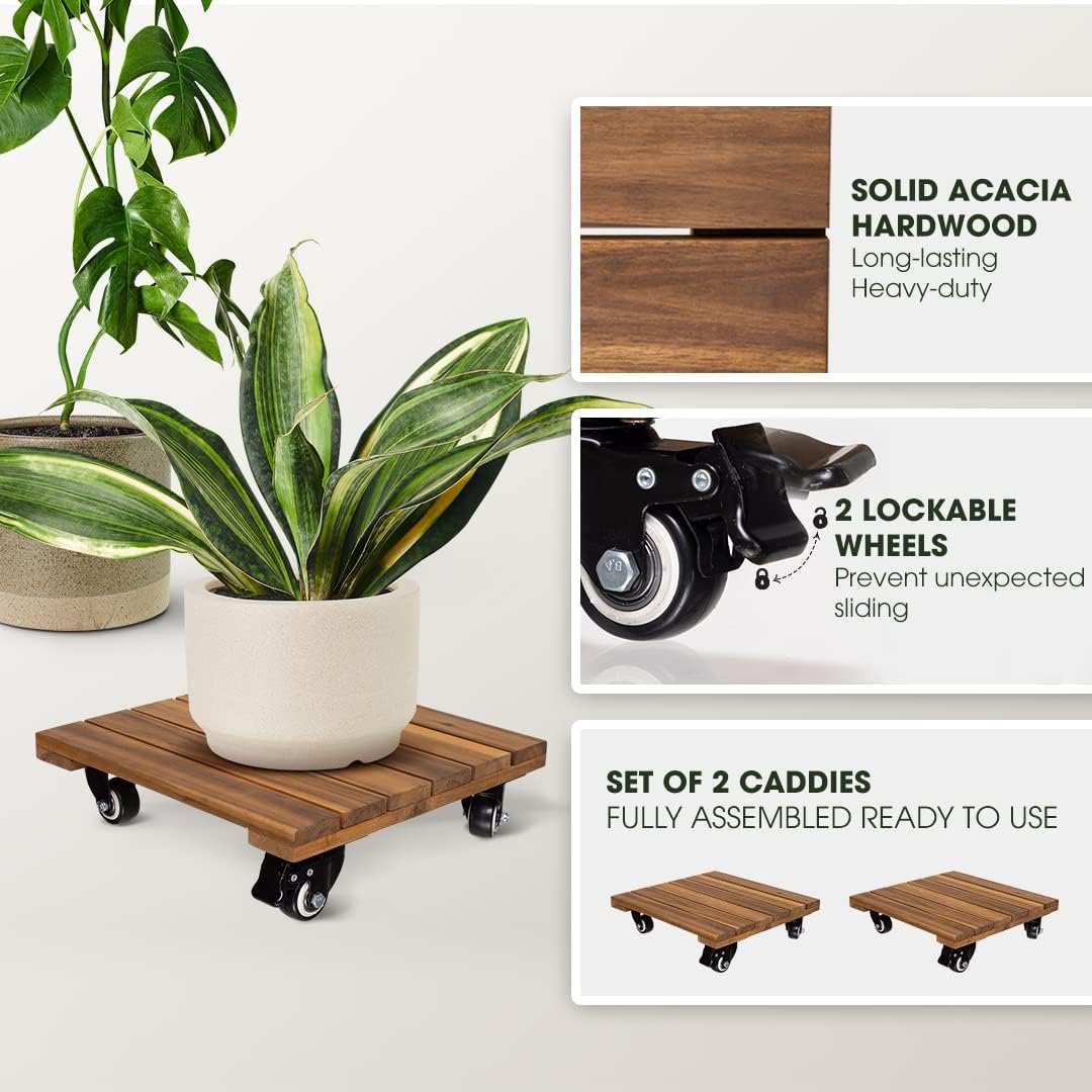 2-Pack 14 Inch Wood Plant Caddy with Wheels Heavy Duty, 264 lbs Acacia Hardwood Plant Caster Dolly Rolling Stand with