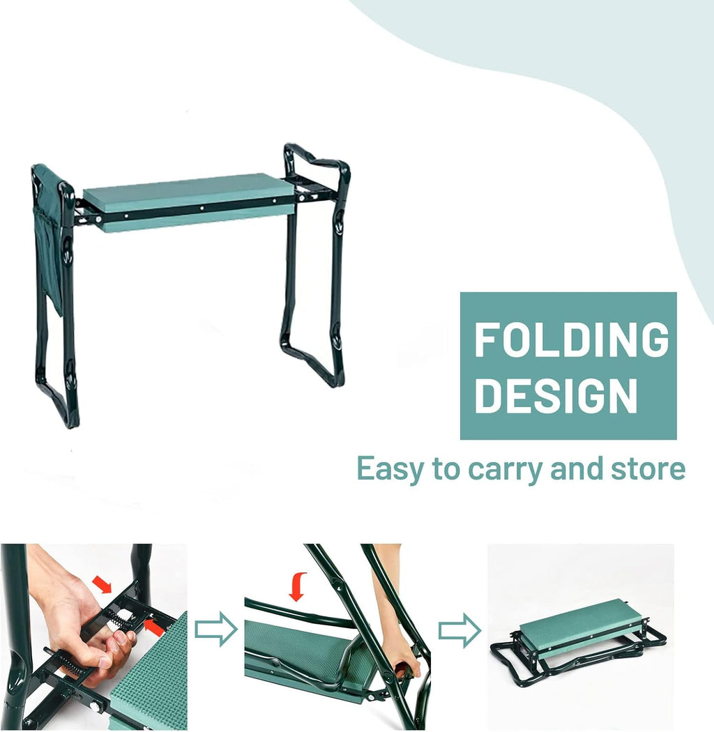 2-in-1 Garden Kneeler & Seat, Folding Seat w/EVA Foam Kneeling Pad & Removable Tools Pouch, Sturdy Steel Frame, No