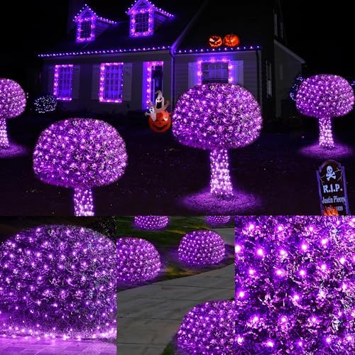 WBao Halloween Lights Outdoor 200LED 8.4ft x 5.2ft Purple Net Lights with 8 Modes, Timer, UL Certified, Connectable, Waterproof & Dark Green Wire for Lawn, Bushes, Trees, Outdoor Halloween Decorations