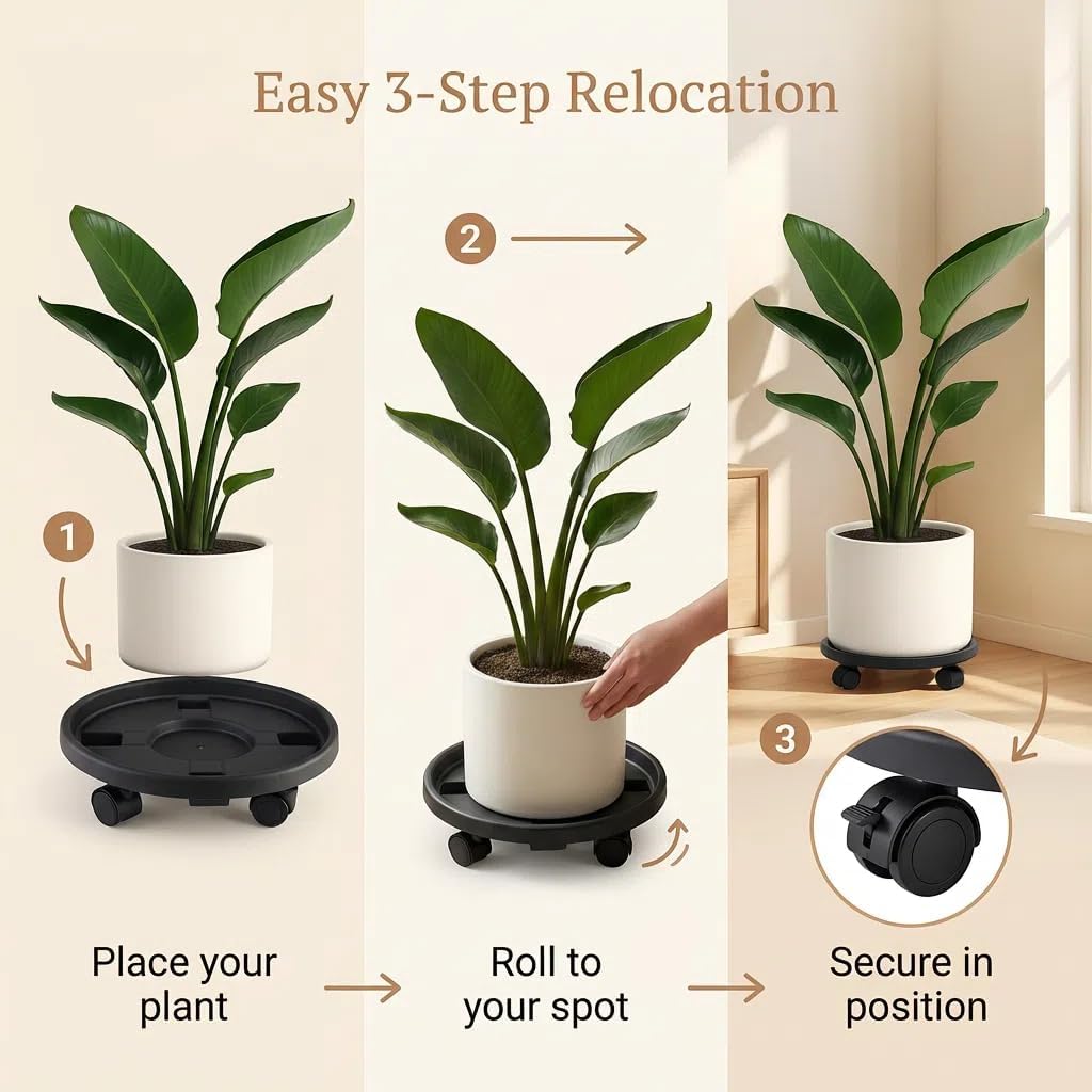 Rolling Plant Stand Outdoor 3 Pack 14 Inch Plant Caddy with Wheels, Black | Durable plant platform, smooth mobility for