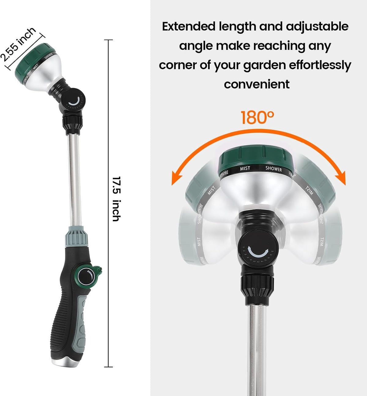 Watering Wand for Garden Hose, 17.5 Inch, 8 Spray Patterns, Garden Hose Nozzle with Thumb Flow Control, Adjustable