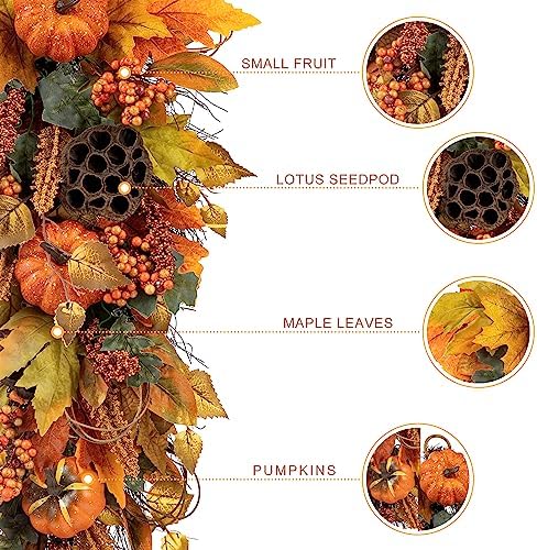 Glitzhome 2Pcs Fall Pumpkin Leaf Swag with Grapevine Base, Faux Berries and Lotus Pod Ornament, 25" H Autumn Maple Leaves Swag for Fall Wall Decor
