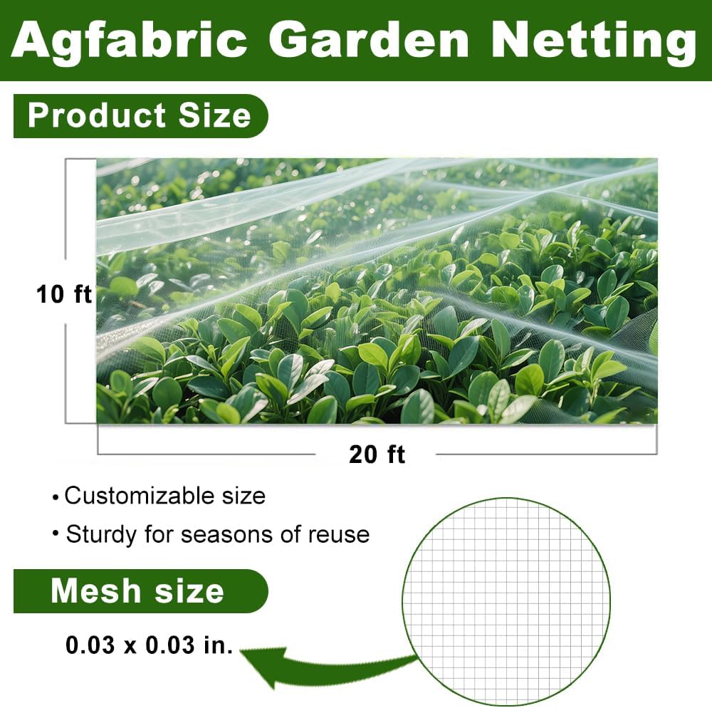 Agfabric Garden Netting 10'x20' Insect Pest Barrier Bird Netting for Garden Protection,Row Cover Mesh Netting for