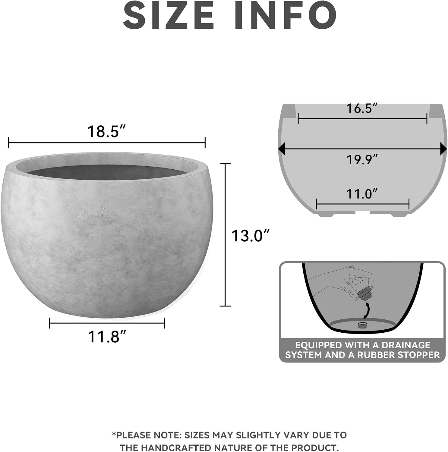Kante Large Round Bowl Pale Gray Concrete Planter 20" Dia, Outdoor | Rubber Plug for Indoor, Drainage for Garden