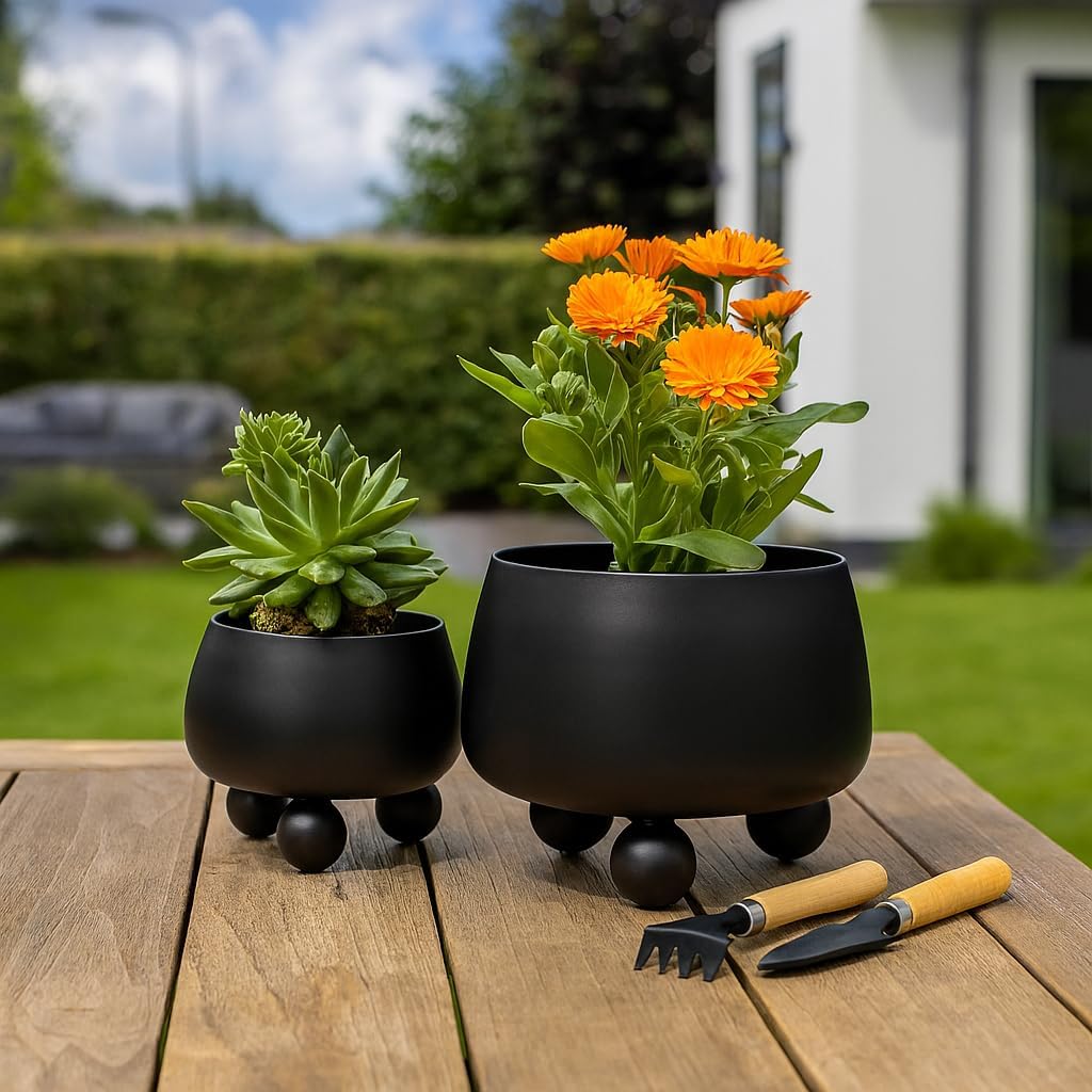 Chic Black Flower Pots and Planters for Indoor Plants Set – Glam Ceramic Planter Set with Modern Design for Home Decor