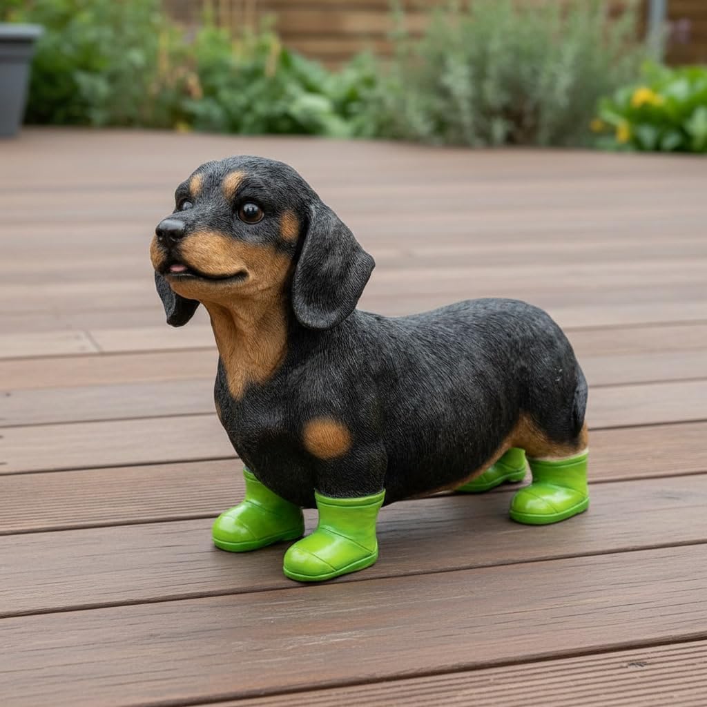 Dachshund Garden Statue in Boots – 10" Cute Wiener Dog Ornament for Yard Decor & Garden Art – Resin Sausage Figurine