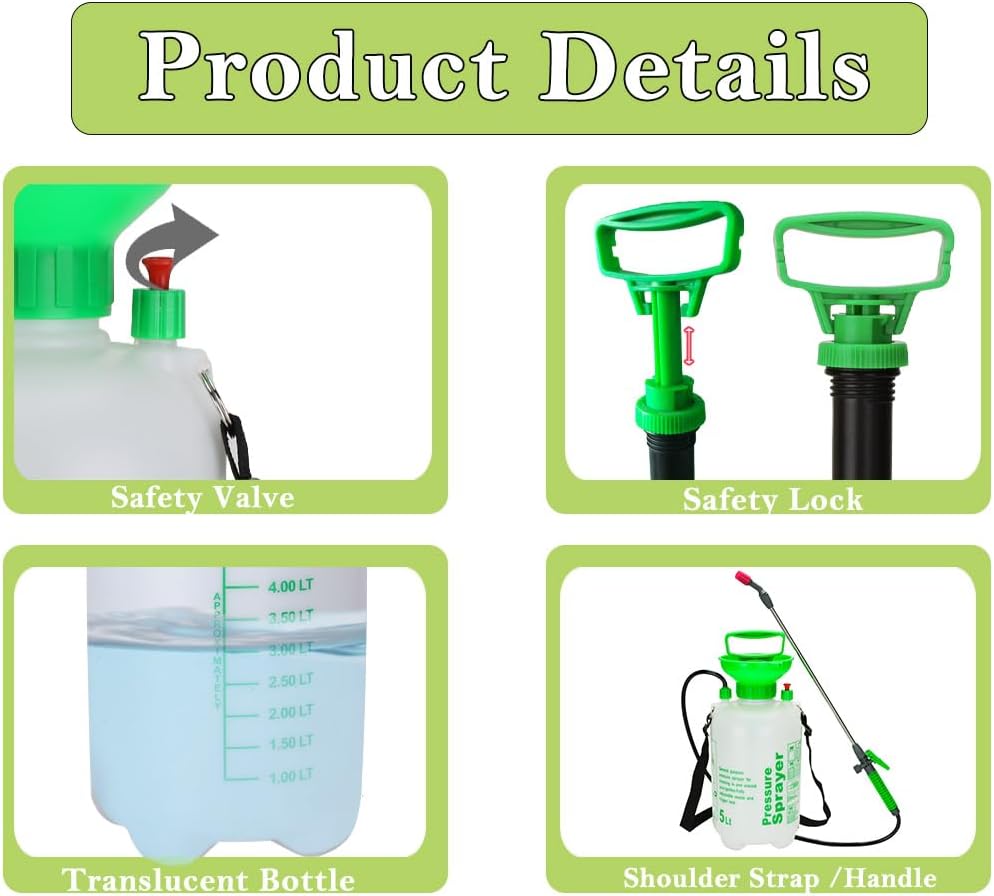 MRPAPA Pressurized Hand Sprayer - Multi-Purpose Garden Sprayer Gallon with Adjustable Nozzle (5L-Green)