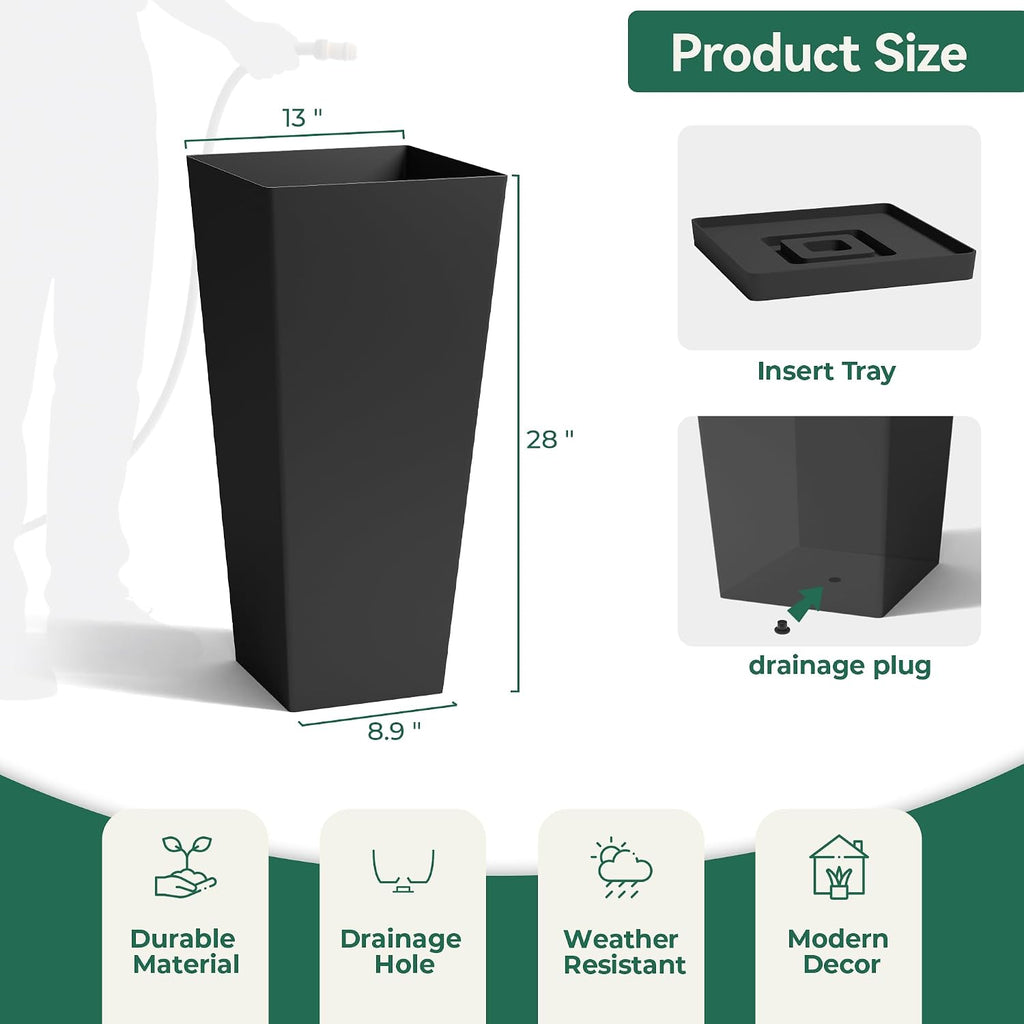Worth Garden Large 28 in.Tall Planters Set of 2 for Indoor and Outdoor, Heavy Duty Plastic Black Modern Taper Flower
