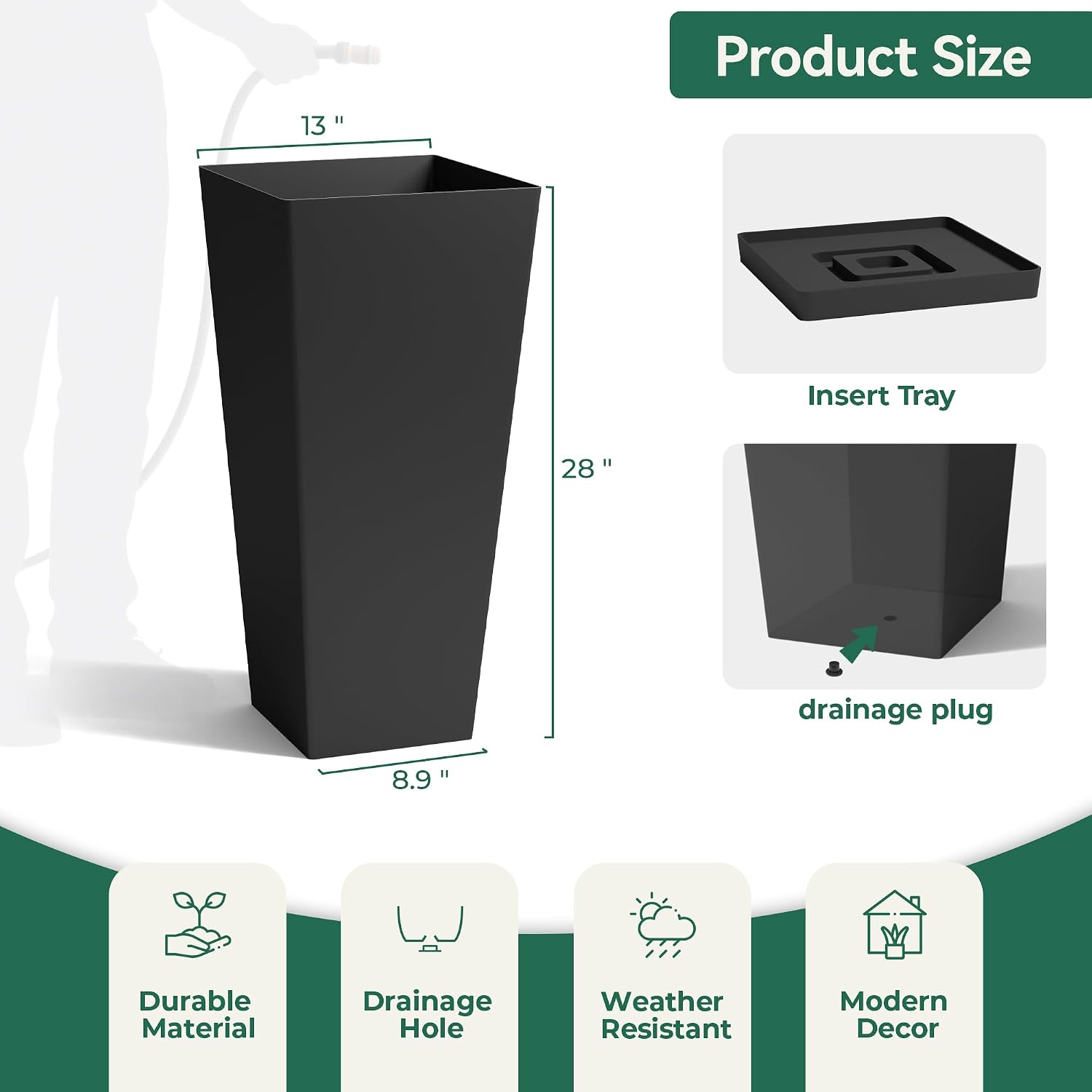 Worth Garden Large 28 in.Tall Planters Set of 2 for Indoor and Outdoor, Heavy Duty Plastic Black Modern Taper Flower