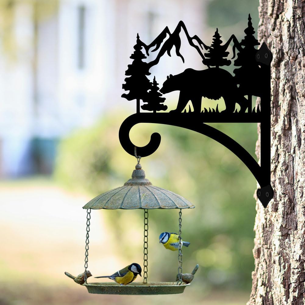 Forest Bear Plant Hanger Bracket, Iron Outdoor Hanging Hook | 12"x15" Weather Resistant Metal Holder for Hanging