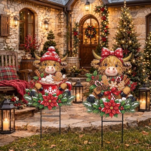 Amyhill Christmas Highland Cow Outdoor Yard Decoration Hot Cocoa Signs