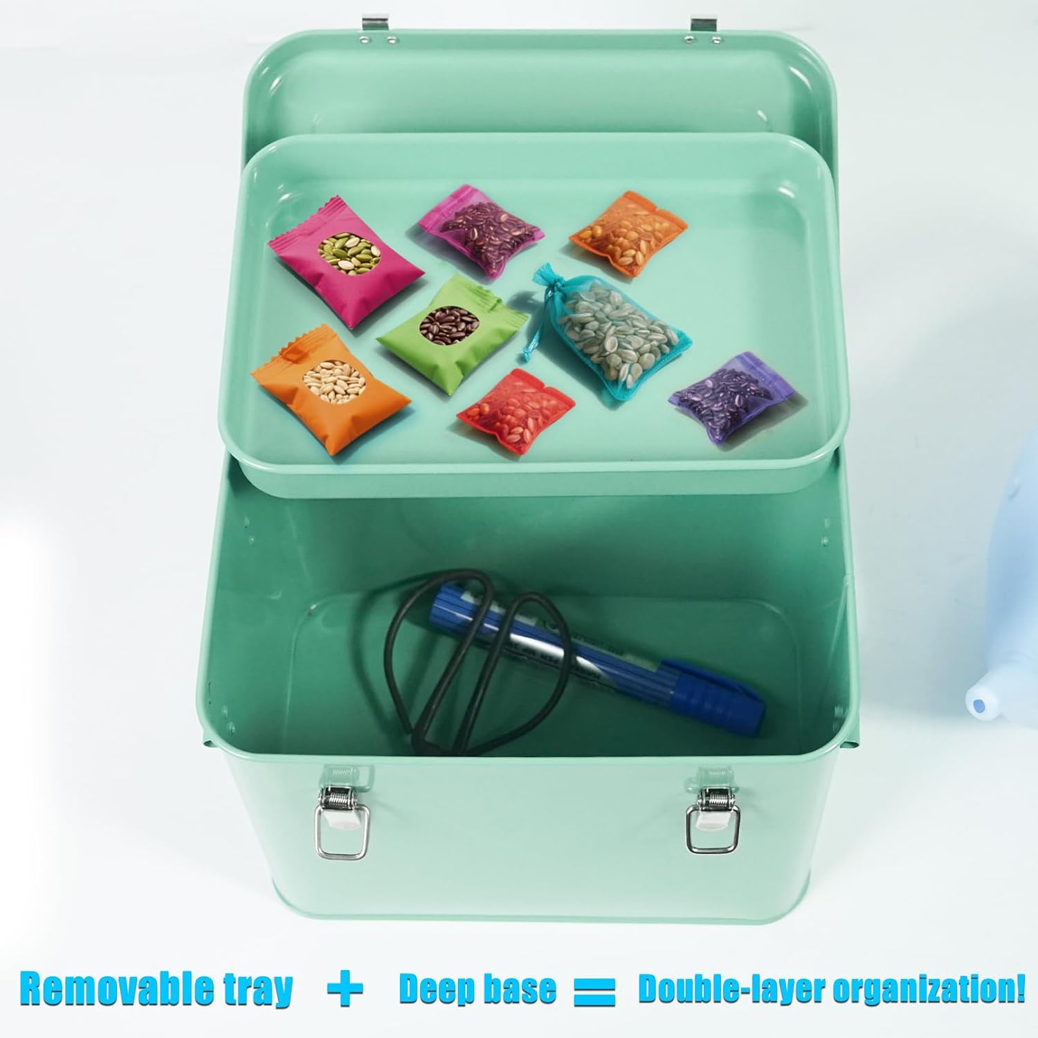 Luwint Seed Storage Organizer, Metal Saving Box Container with Removable Tray, Small Storage Box with Lid for Seeds
