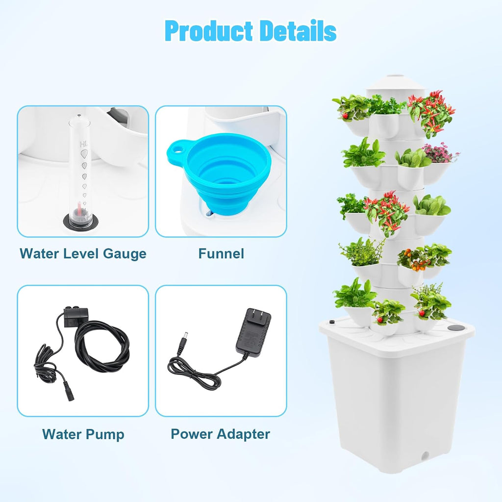25-Plant Vertical Tower Garden System - Indoor Hydroponic Growing Kit | with Pump, Funnel & Water Level Gauge, Vertical
