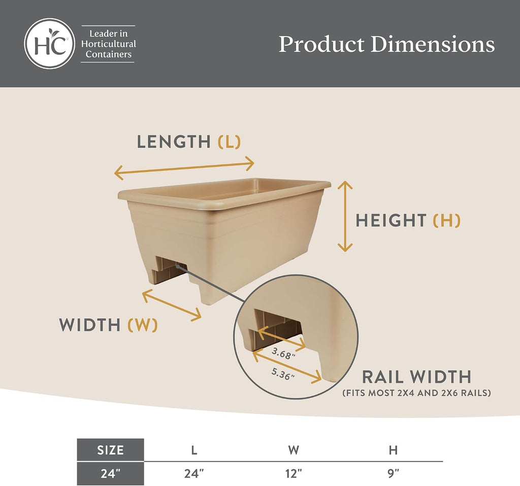 The HC Companies 24 Inch Deck Rail Planter Box with Drainage Plug, Lightweight UV-Resistant Plastic Outdoor Planters