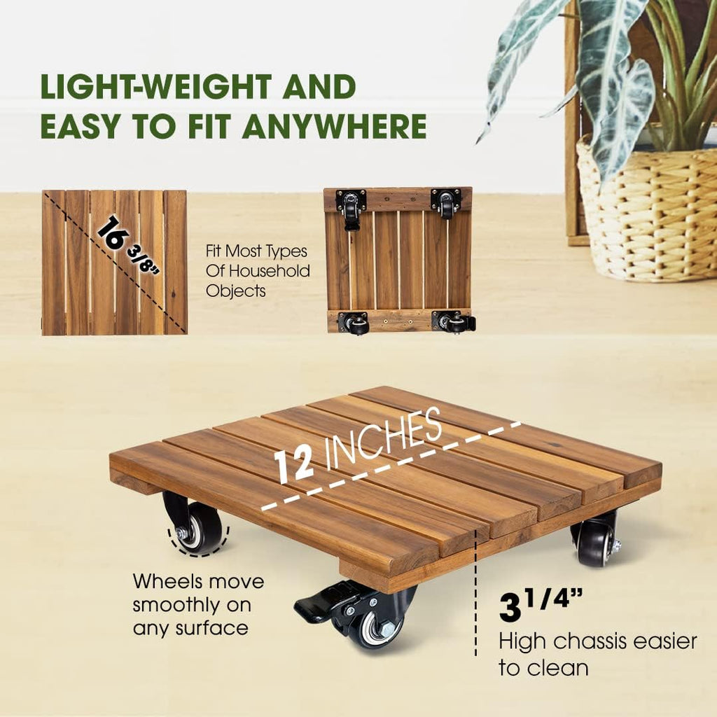 2pack Wood Plant Caddy With Wheels Heavy Duty, 264 Lbs Capacity, Upgraded 12 Inch Acacia Hardwood Plant Dolly, Plant