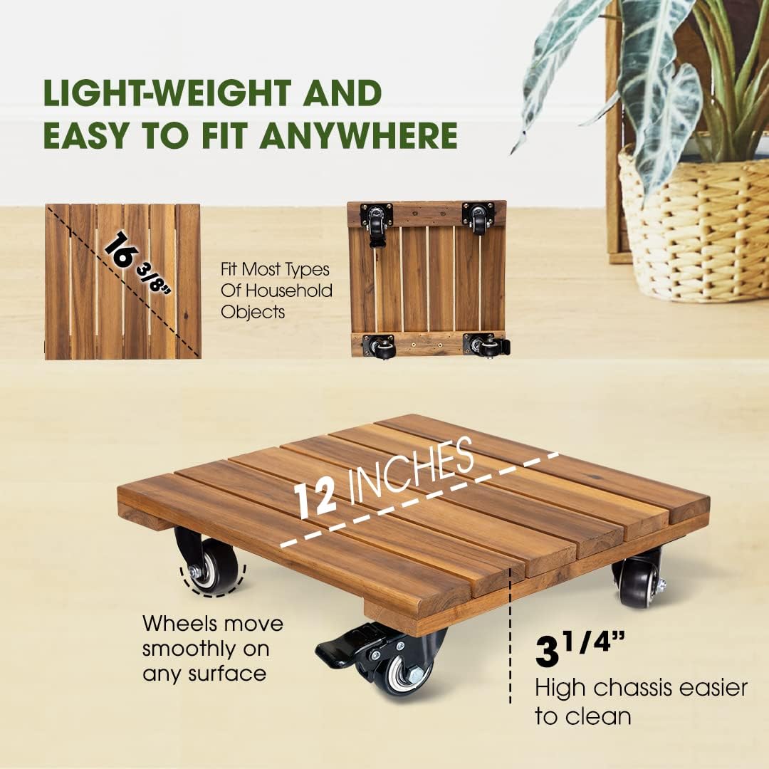 2pack Wood Plant Caddy With Wheels Heavy Duty, 264 Lbs Capacity, Upgraded 12 Inch Acacia Hardwood Plant Dolly, Plant