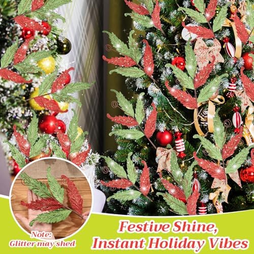 HyDren 10 Pcs Christmas Glitter Leaves Ornaments, Red and Green