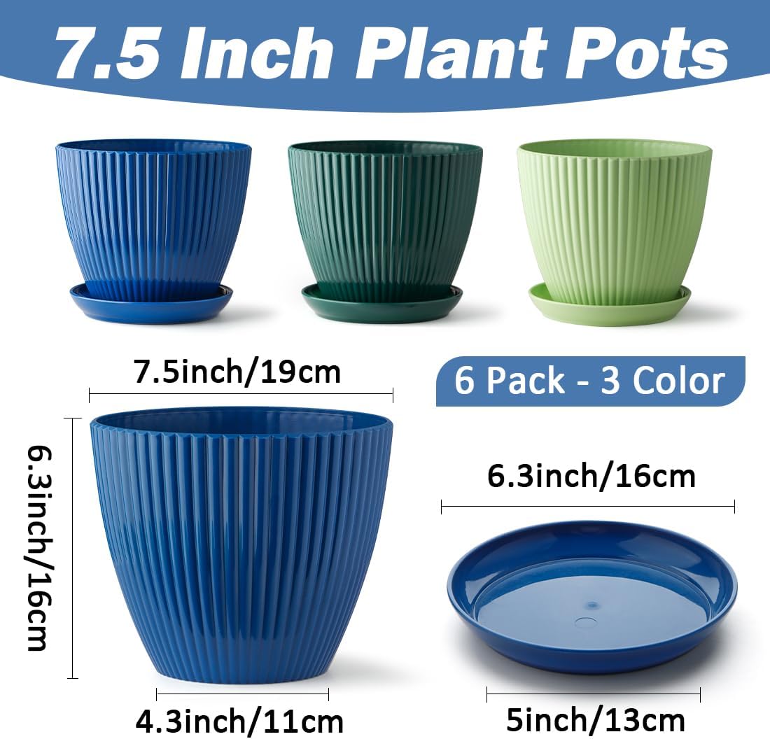 RooTrimmer 7.5 Inch Plastic Pots, 6 Pack with Drain Holes & Saucers | Drain holes and saucers block water spillage. For