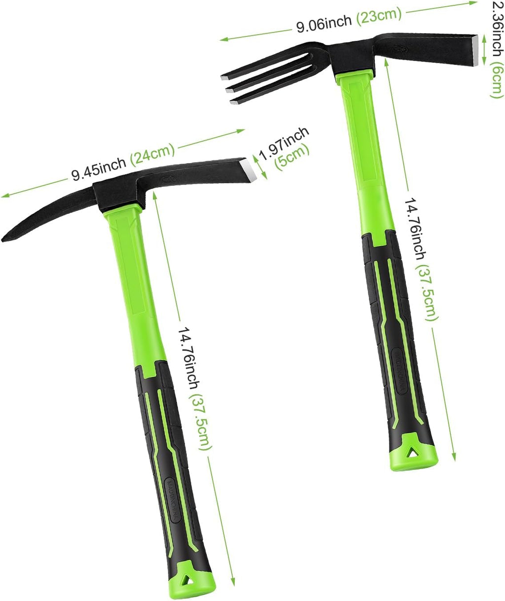 2-Piece Garden Hoe and Cultivator Hand Tool Set - 15" Carbon Steel Weeding Tools Gardening, Heavy Duty Hand Hoe, Rake &