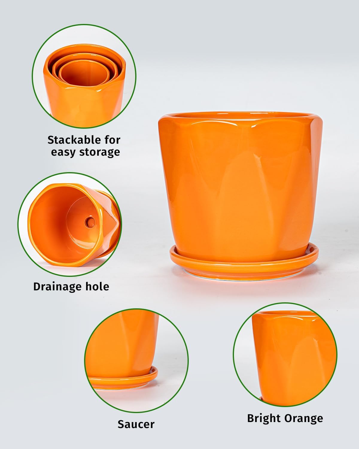 Ceramic Plant Pots Set of 3, Indoor Planter with Drainage Holes and Saucers | Orange Flower Pots for Indoor Plants