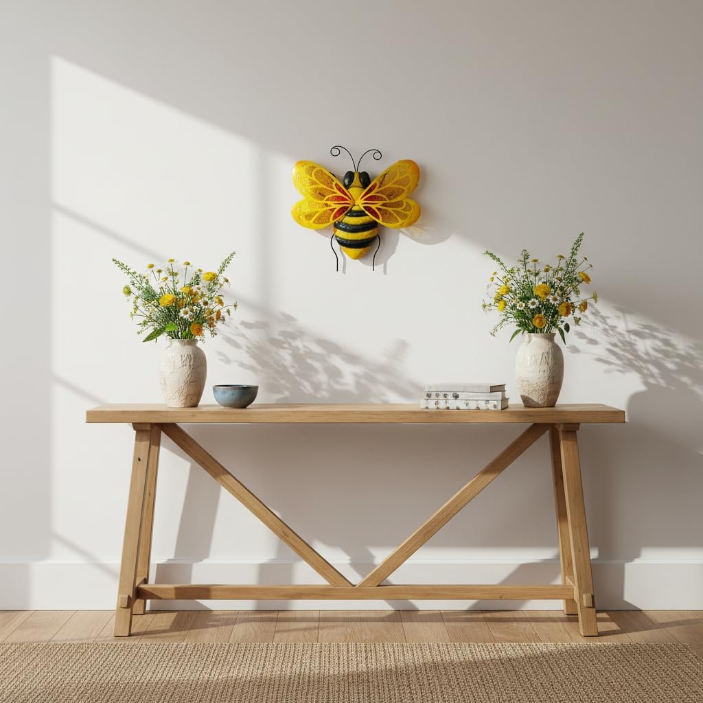 LIFFY Metal Bee Wall Decor,10" Hanging Glass Bumblebee Outdoor Decor,Decorative Garden Ornaments Outside for Home Patio