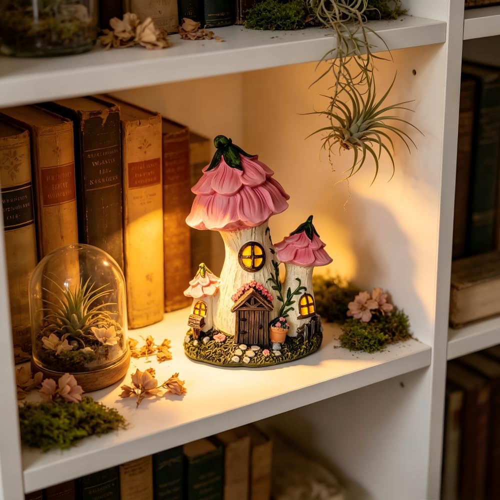 Mushroom Fairy House, Resin Pink Fairy Garden Statue, Outdoor Garden Decor for Patio Lawn, Fairy Door Accents for