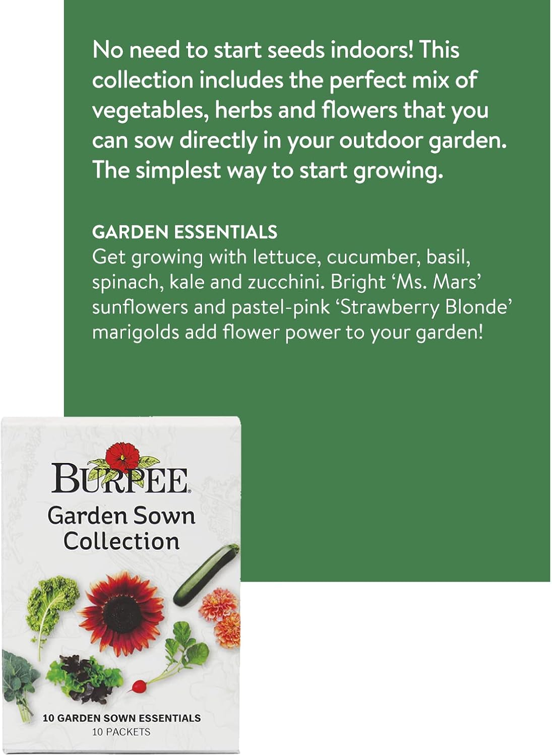 Burpee Garden Sown Flower, Herb & Vegetable 10 Packs of Non-GMO Basil, Lettuce, Cucumber, Radish, Spinach, Kale