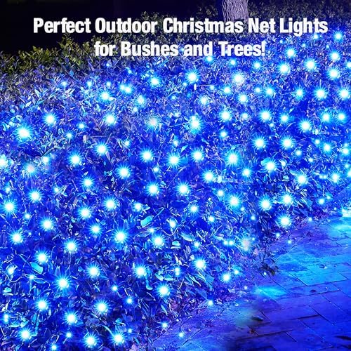Led Blue Christmas Net Lights Outdoor Christmas Bushes Lights 120Led 6ftx5ft, Connectable Outdoor Indoor Mesh Net Lighting for Xmas Holiday, Garden, Lawn, Shrubs, Trees, Bushes Decorations