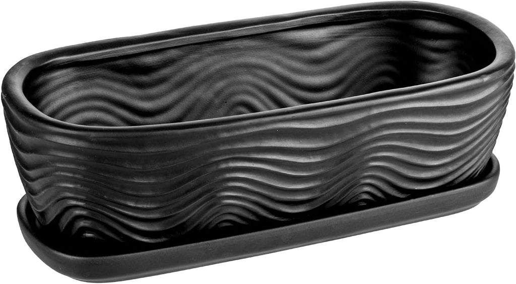 MyGift 13.5 inch Succulent Planter Pot, Oval Modern Ceramic Plant Box Container with Wave Textured Pattern and