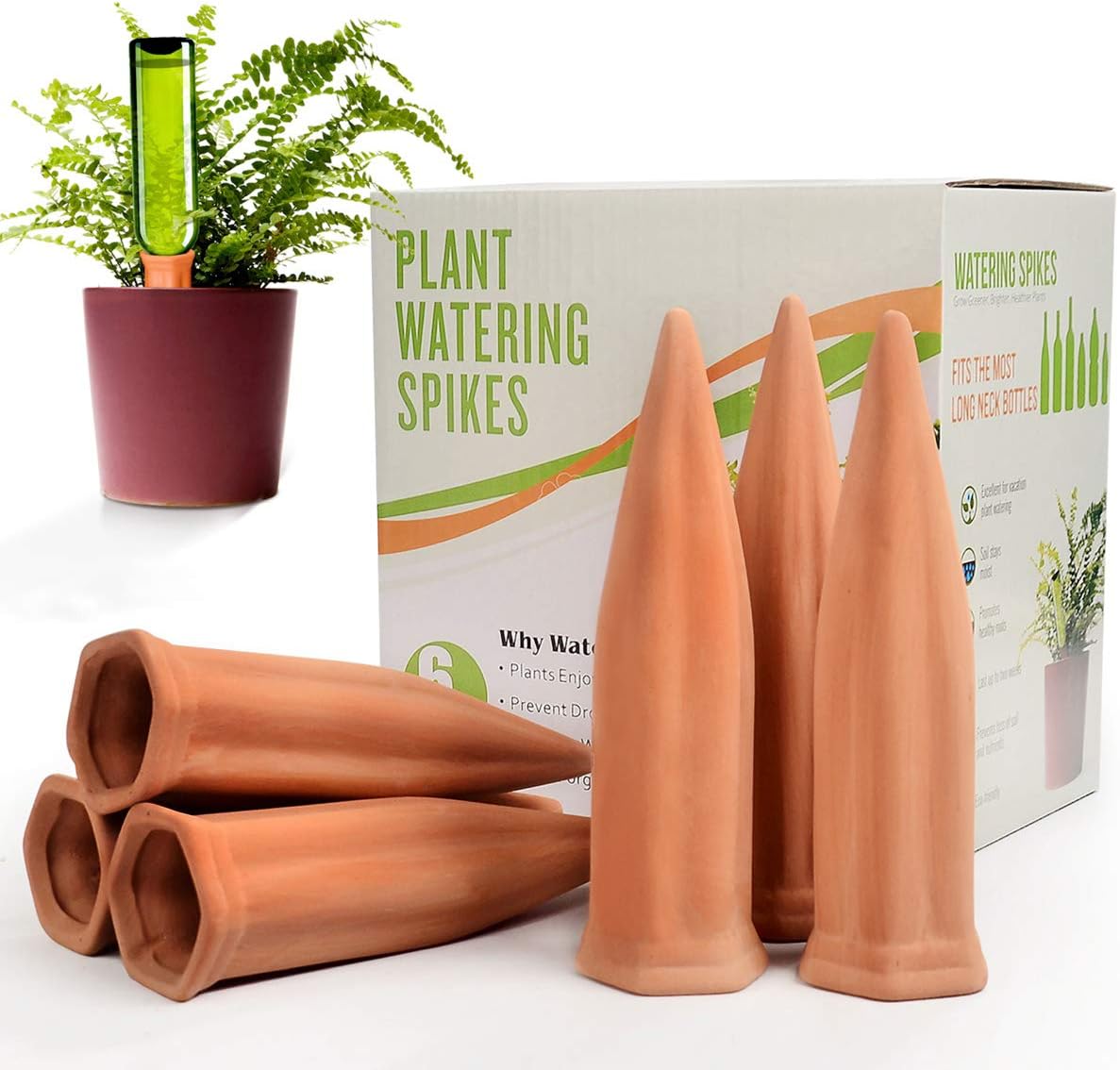 B SEPOR 6 Terracotta Watering Spikes with 6 PET Empty Bottles 33.8 Fl Oz 1000ml for Plant Self Irrigation Up to 10+ Days